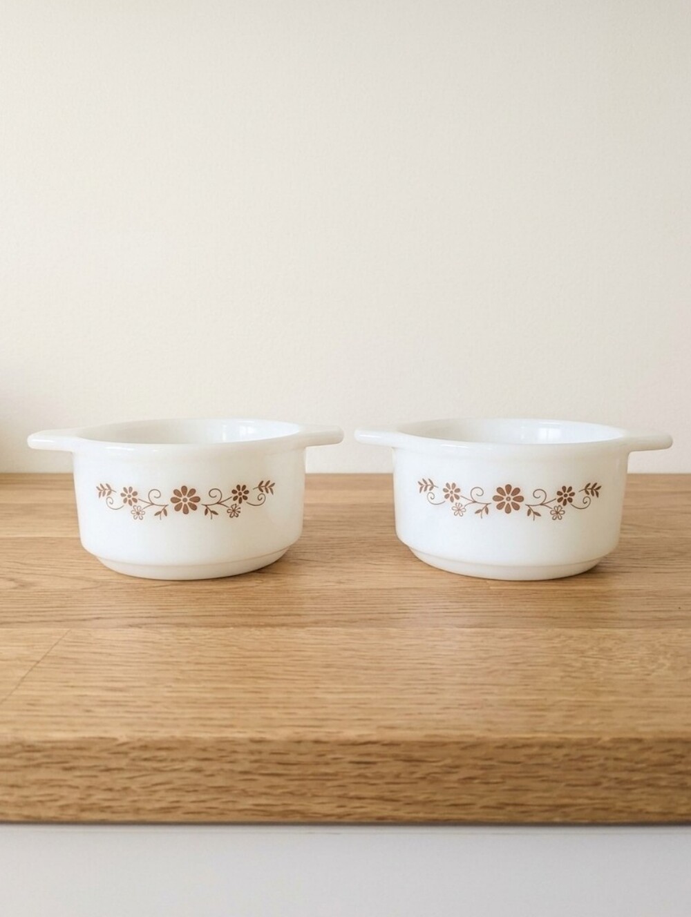 Vintage Dynaware Pyr-O-Rey Milk Glass Brown Daisy Individual Casserole Dish